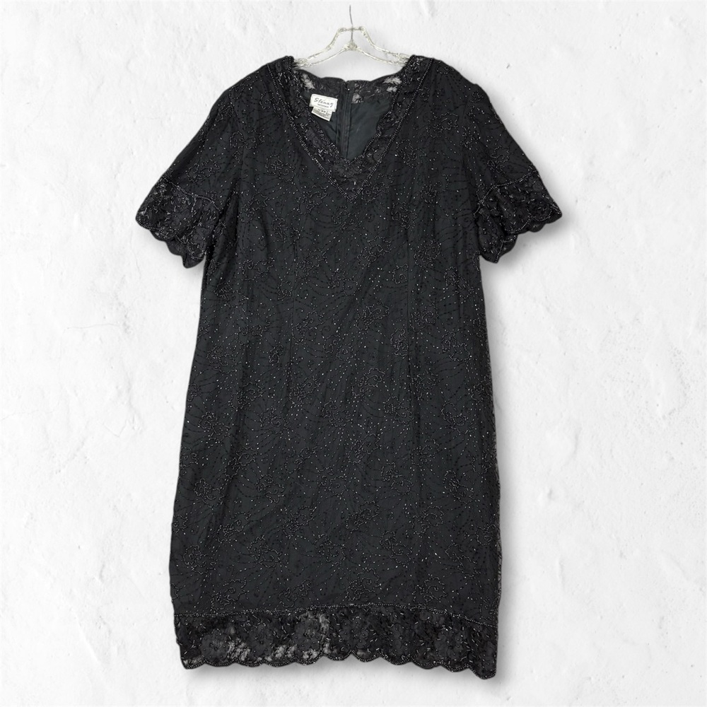 Vintage 80s Black Beaded Silk Shift Dress 3XL